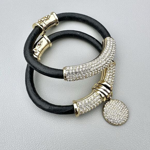 Joan Boyce Set 2 Black Leather Gold Pave Rhinestone Love Barrel-Rolled Bracelets - Picture 4 of 7